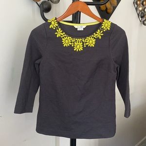 Women's Boden Beaded Neck 3/4 Sleeve Ponte Shirt Gray Size 2 Embellished Floral